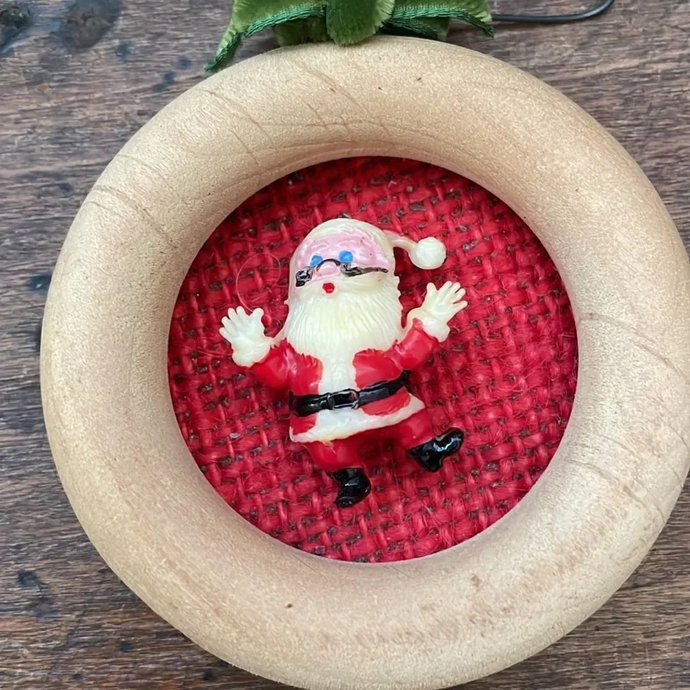 Set of‎ 2 vintage homemade/handmade Santa Christmas ornaments in frames